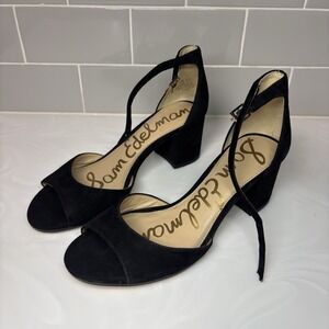 Sam Edelman Black Suede Peep Toe Ankle Strap Block Heels Women's Size 6.5 NEW